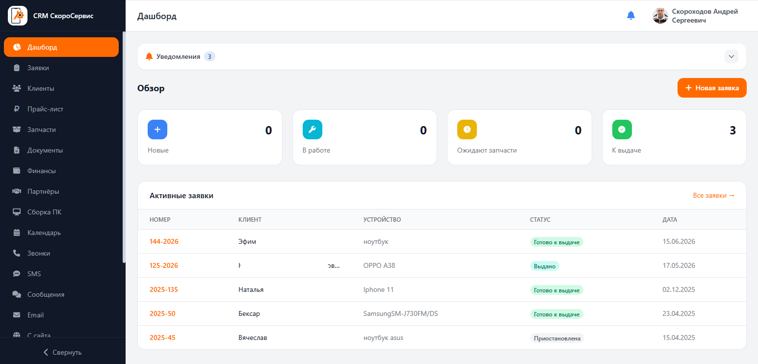 Дашборд CRM СкороСервис